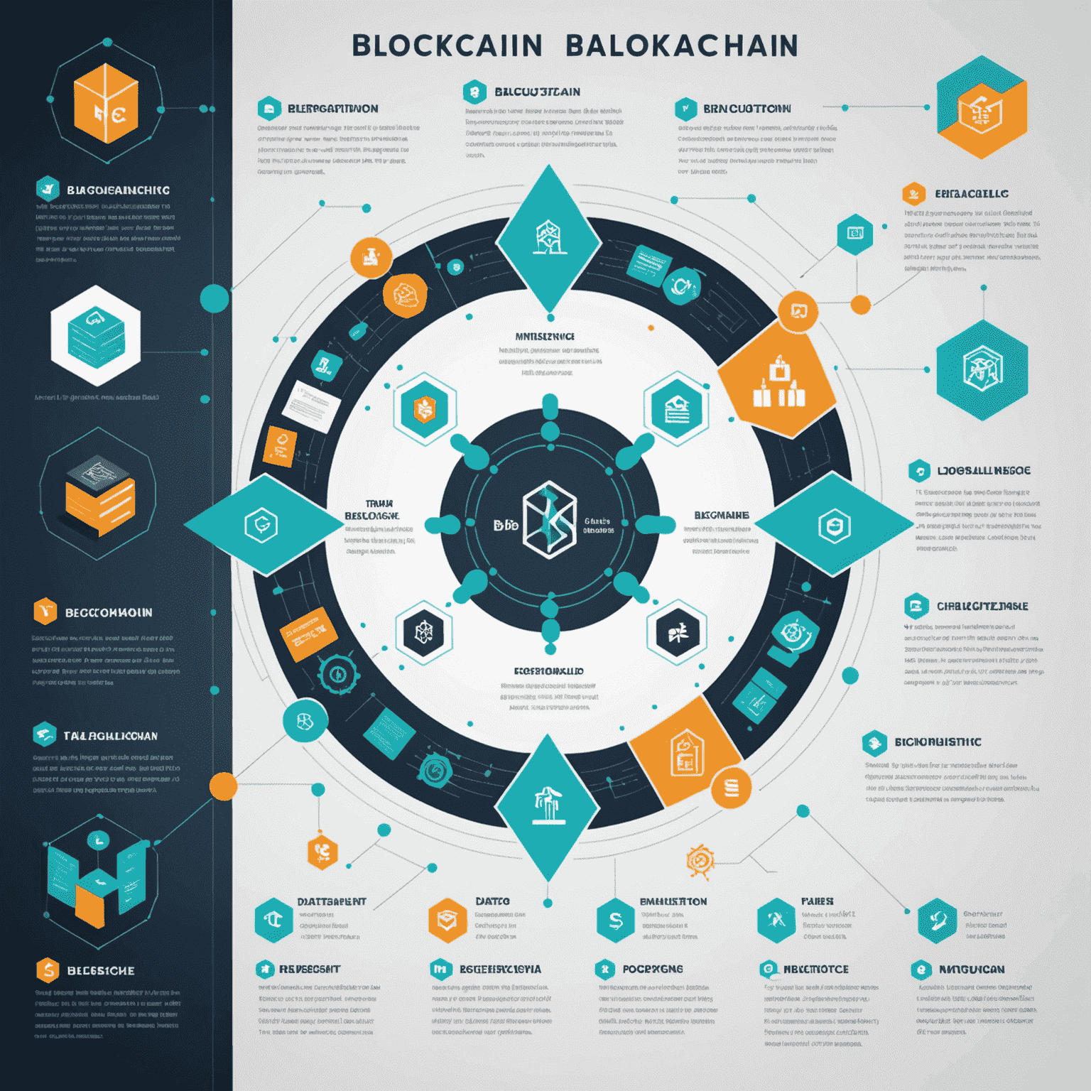 Infografika przedstawiająca różne zastosowania blockchain w przemyśle, medycynie, logistyce i edukacji