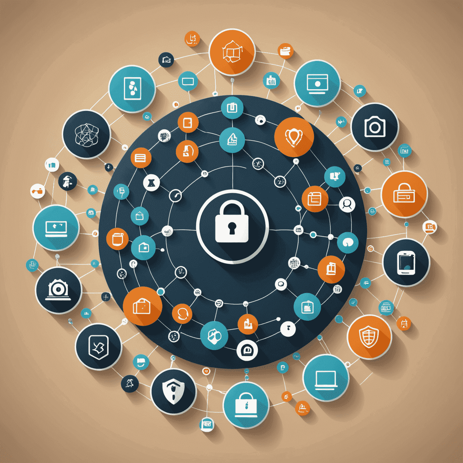 Infografika przedstawiająca sieć połączonych urządzeń IoT z ikonami reprezentującymi różne aspekty cyberbezpieczeństwa