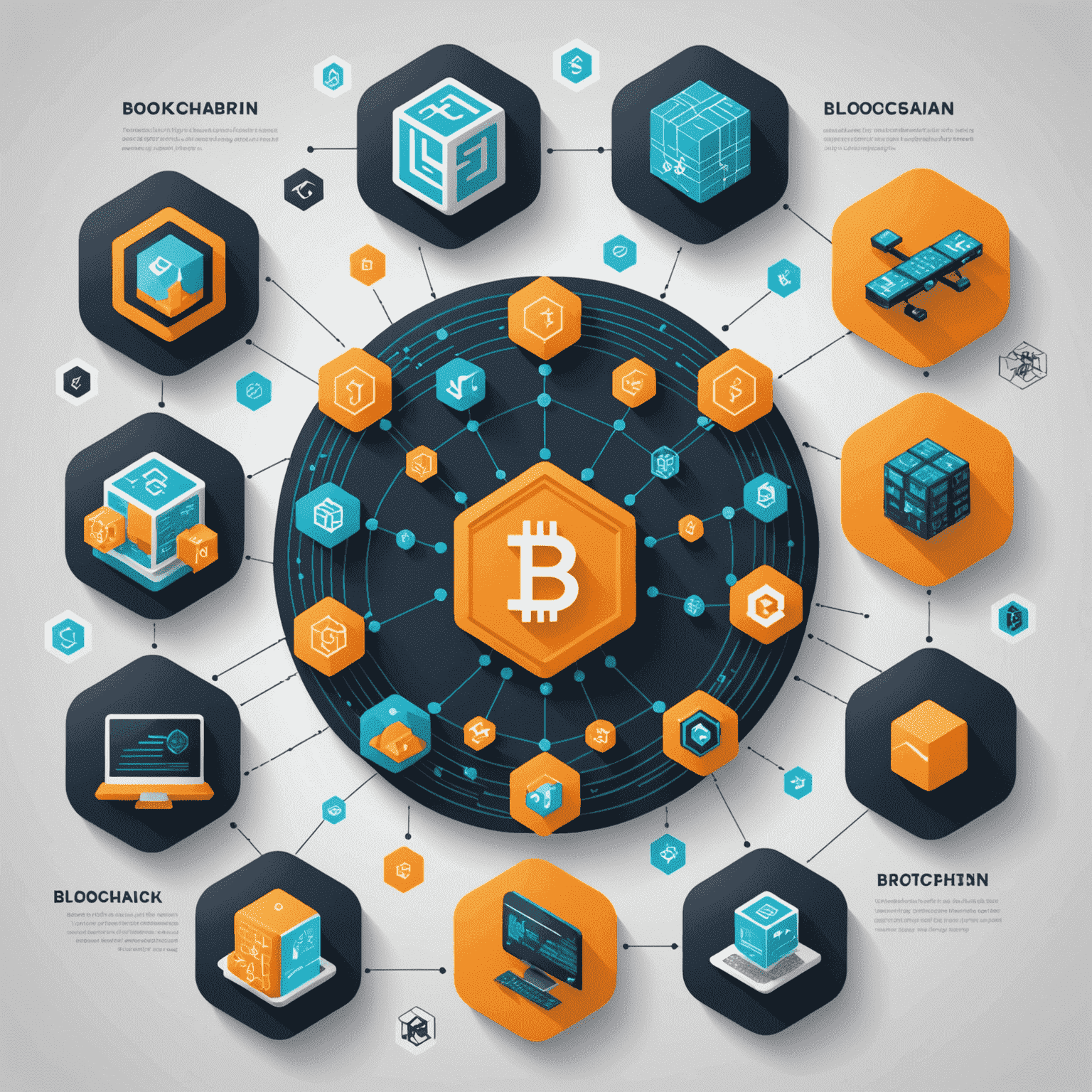 Grafika przedstawiająca różne zastosowania technologii blockchain w różnych branżach