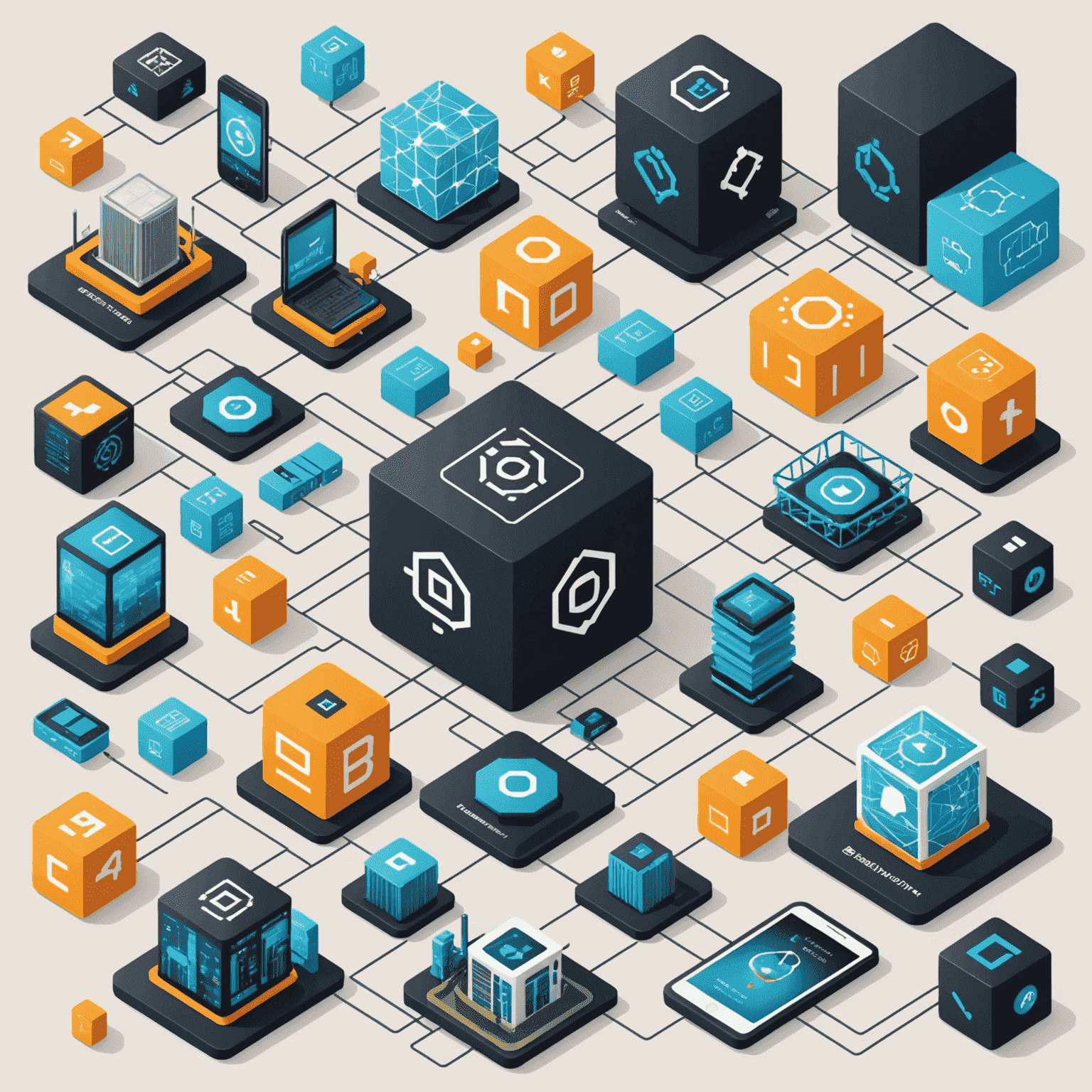 Grafika przedstawiająca różne branże połączone blokami blockchain, symbolizująca różnorodne zastosowania tej technologii