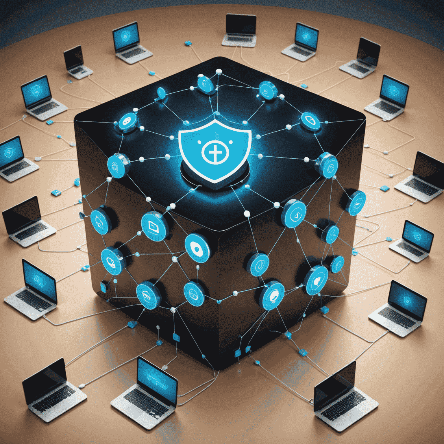 Ilustracja przedstawiająca sieć połączonych urządzeń IoT otoczonych tarczą bezpieczeństwa